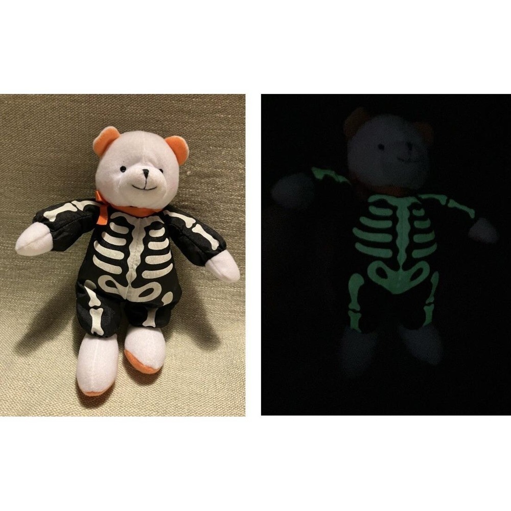 Hallmark Halloween Skeleton Glow in the Dark Plush Teddy Bear White Orange 8in